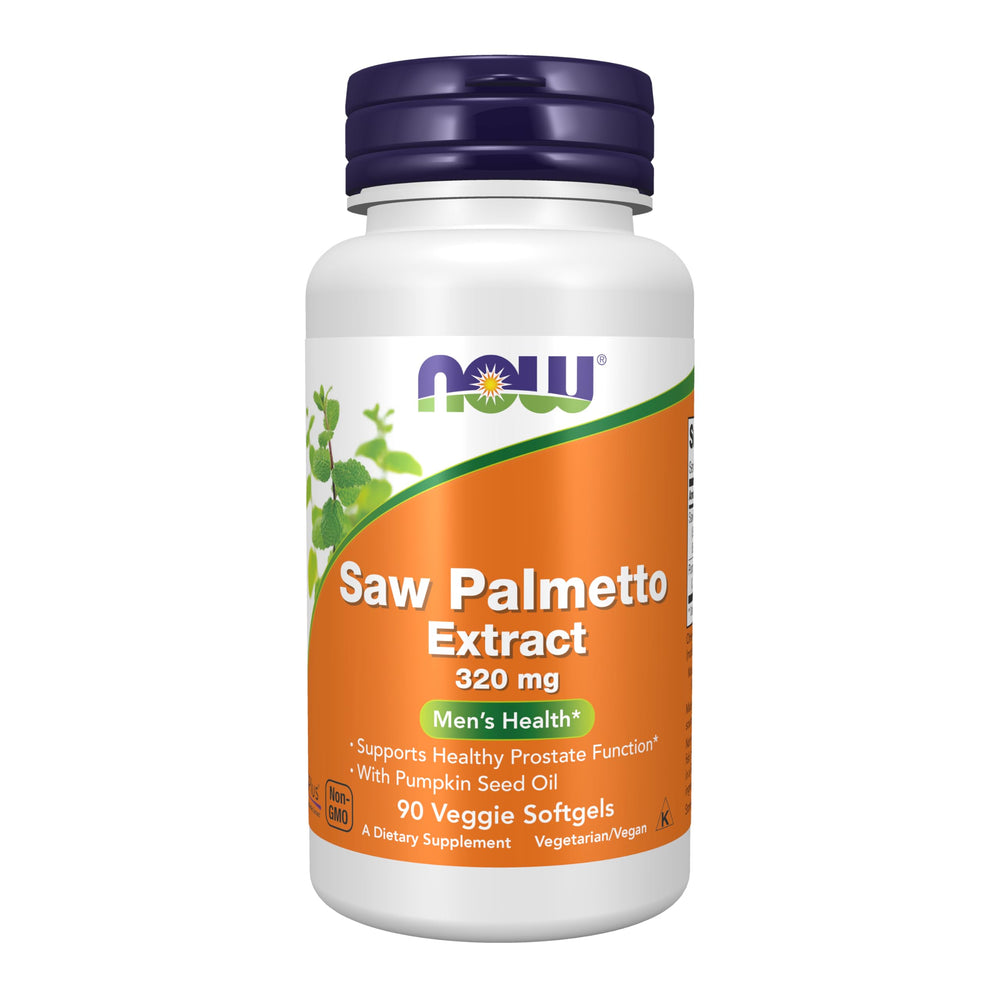 NOW envase frontal del saw palmetto 320 mg mostrando beneficios de soporte prostático