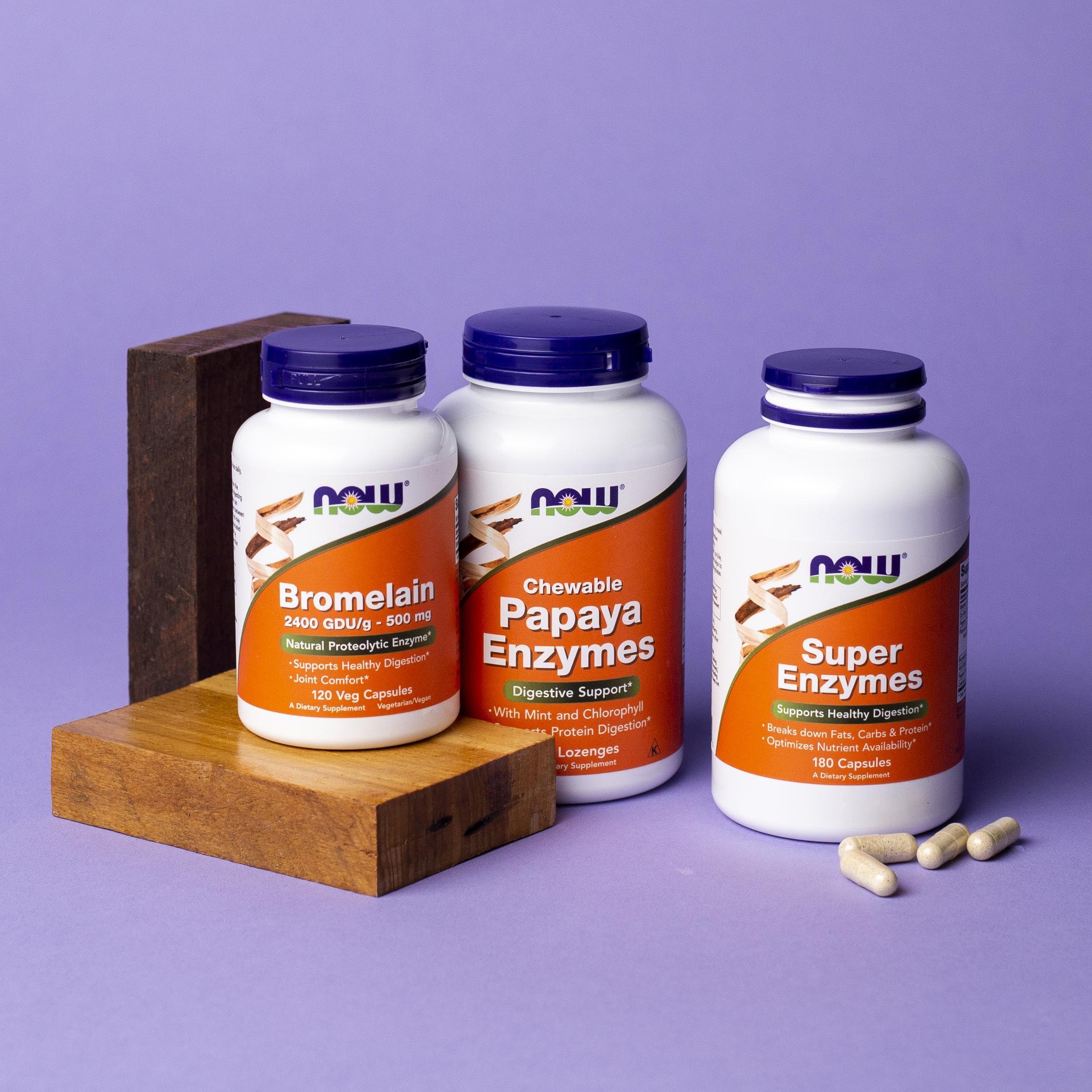 NOW Super Enzymes powder/granule texture close-up showing enzyme blend detail and formulation