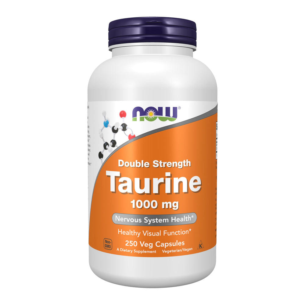 NOW Foods envase frontal de taurina 1000 mg, detalle de etiqueta y cantidad