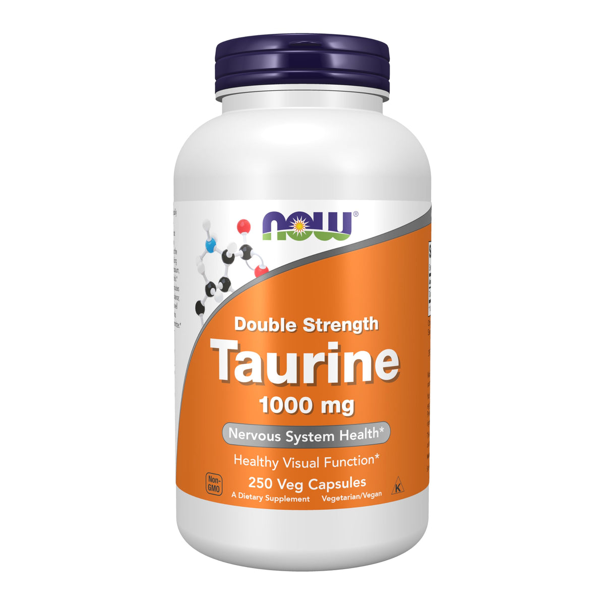 NOW Foods envase frontal de taurina 1000 mg, detalle de etiqueta y cantidad