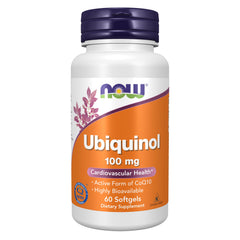 NOW Foods frasco frontal de Ubiquinol 100 mg mostrando presentación clara y confianza