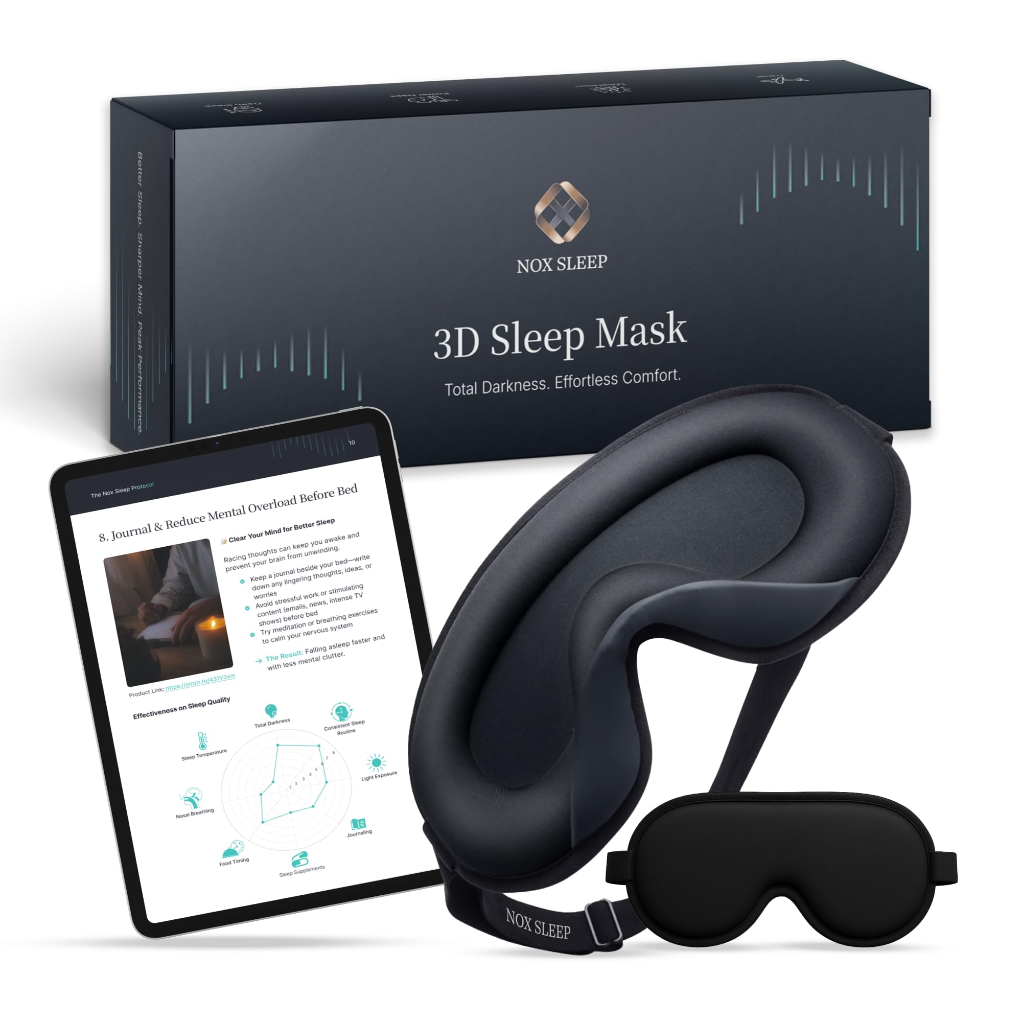 NOX SLEEP mascarilla frontal mostrando diseño 3D y bloqueo de luz