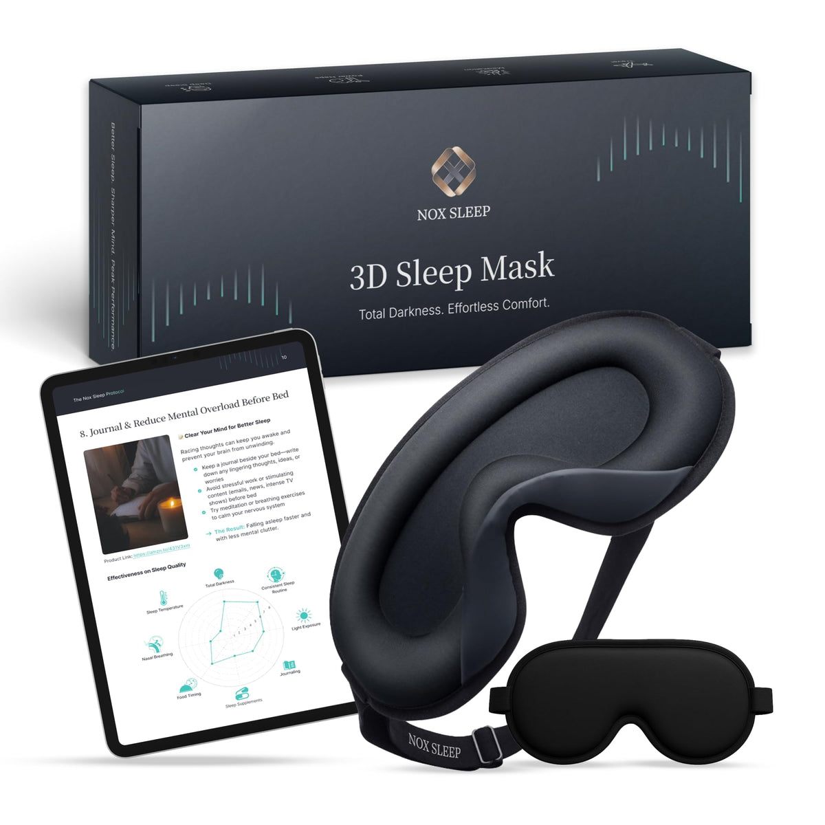 NOX SLEEP mascarilla frontal mostrando diseño 3D y bloqueo de luz