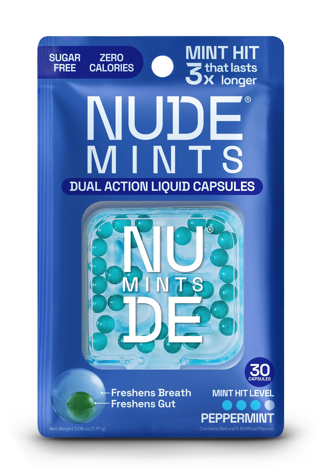 NUDE cápsulas menta frente del envase mostrando diseño práctico