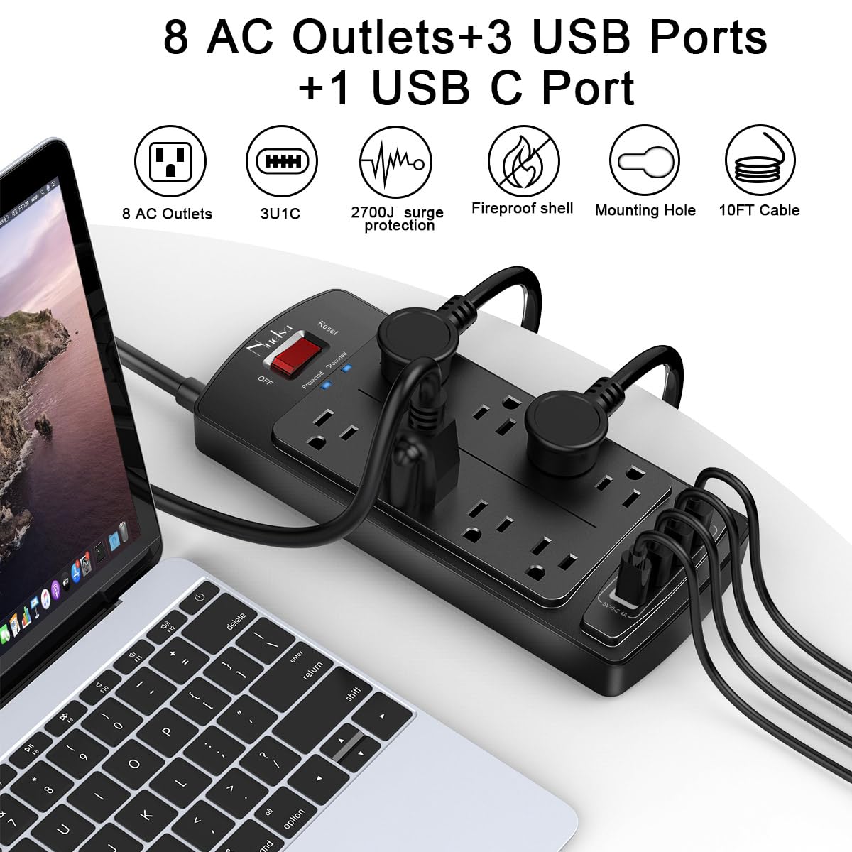 Nuetsa close-up de puertos USB mostrando USB‑C y USB‑A, carga inteligente rápida