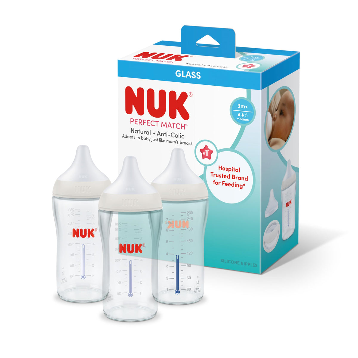 NUK biberón frontal pack de 3 mostrando diseño y capacidad