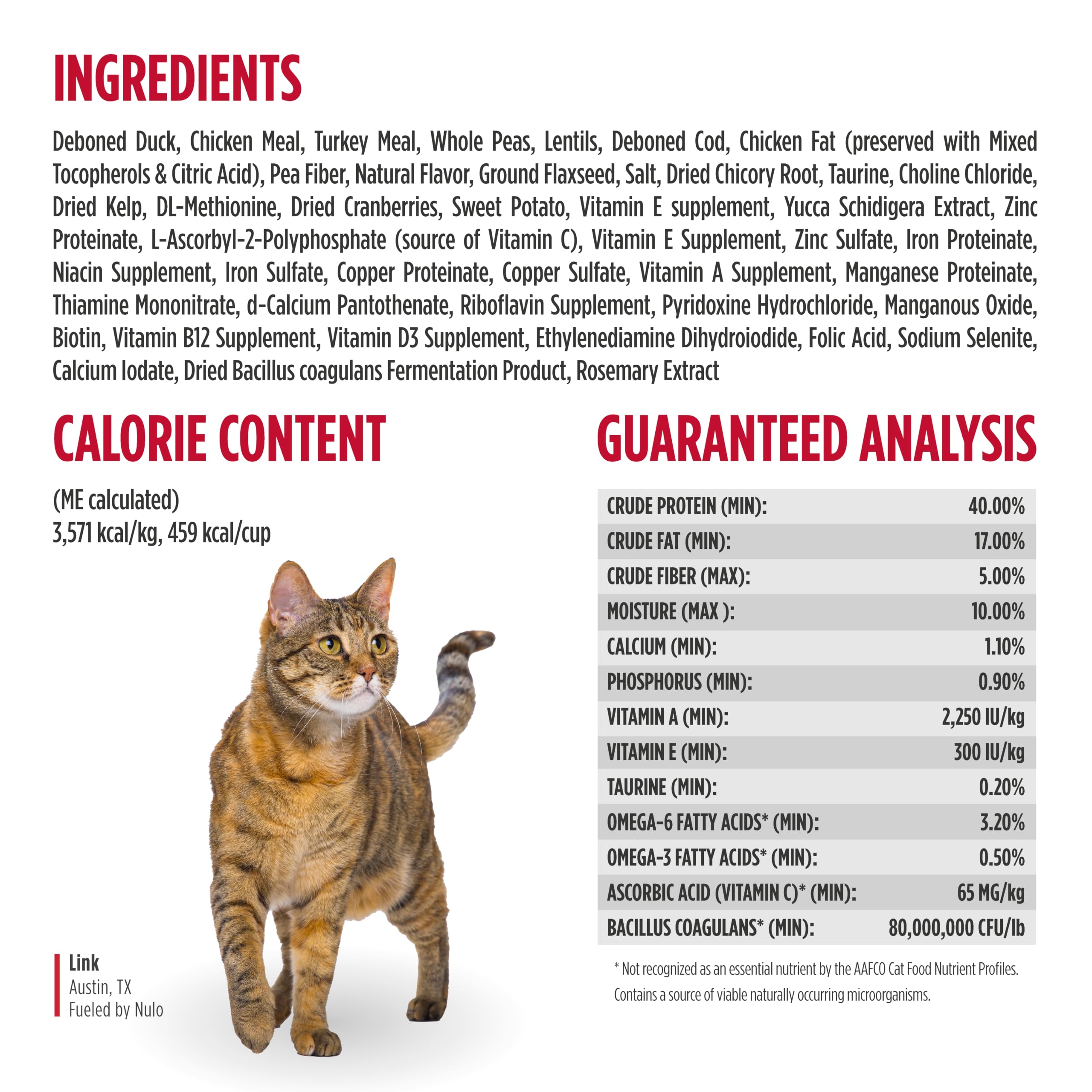 Nulo detalle de pelaje brillante en gato alimentado con la receta Duck & Cod