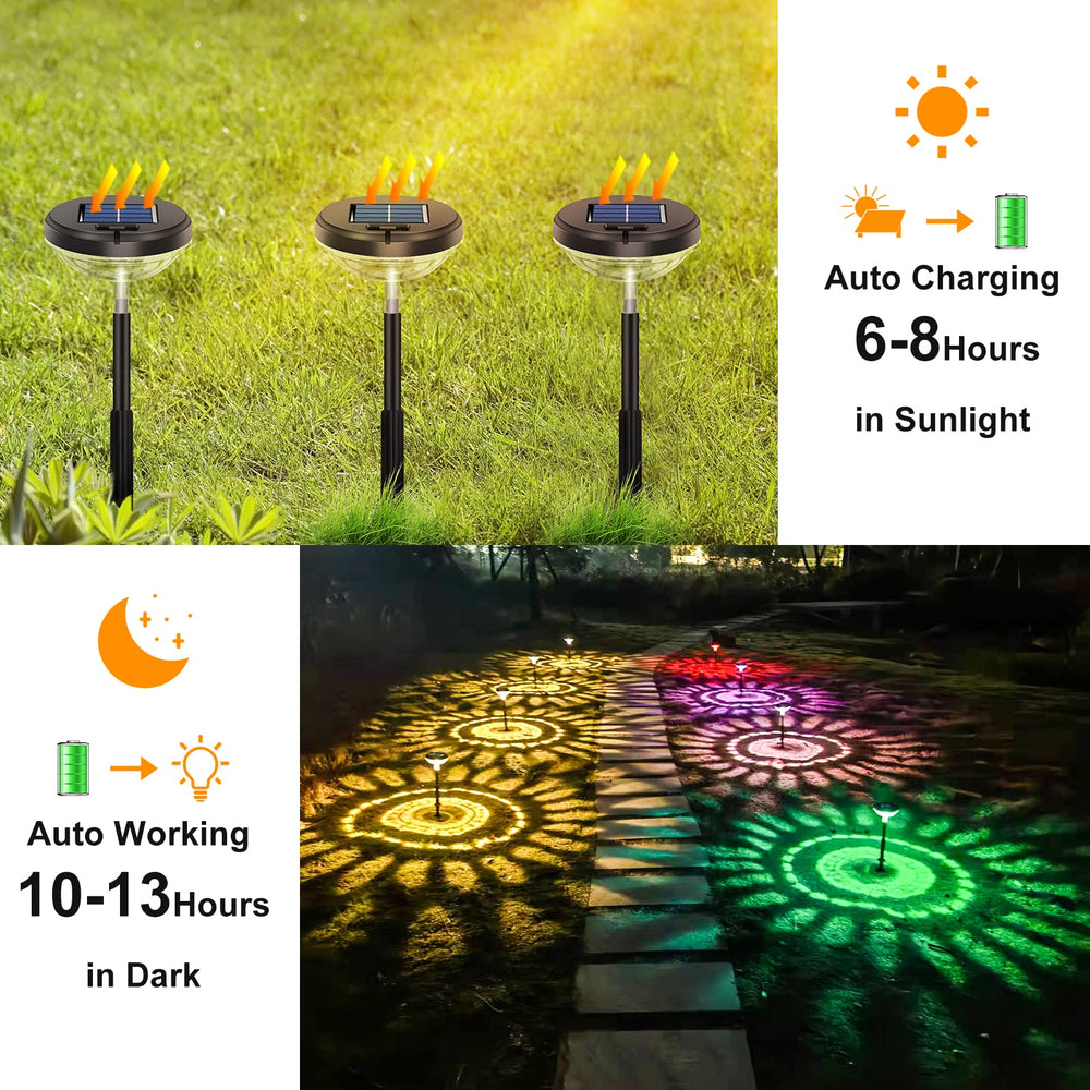 Nupostai luces encendidas en sendero creando ambiente seguro y colorido