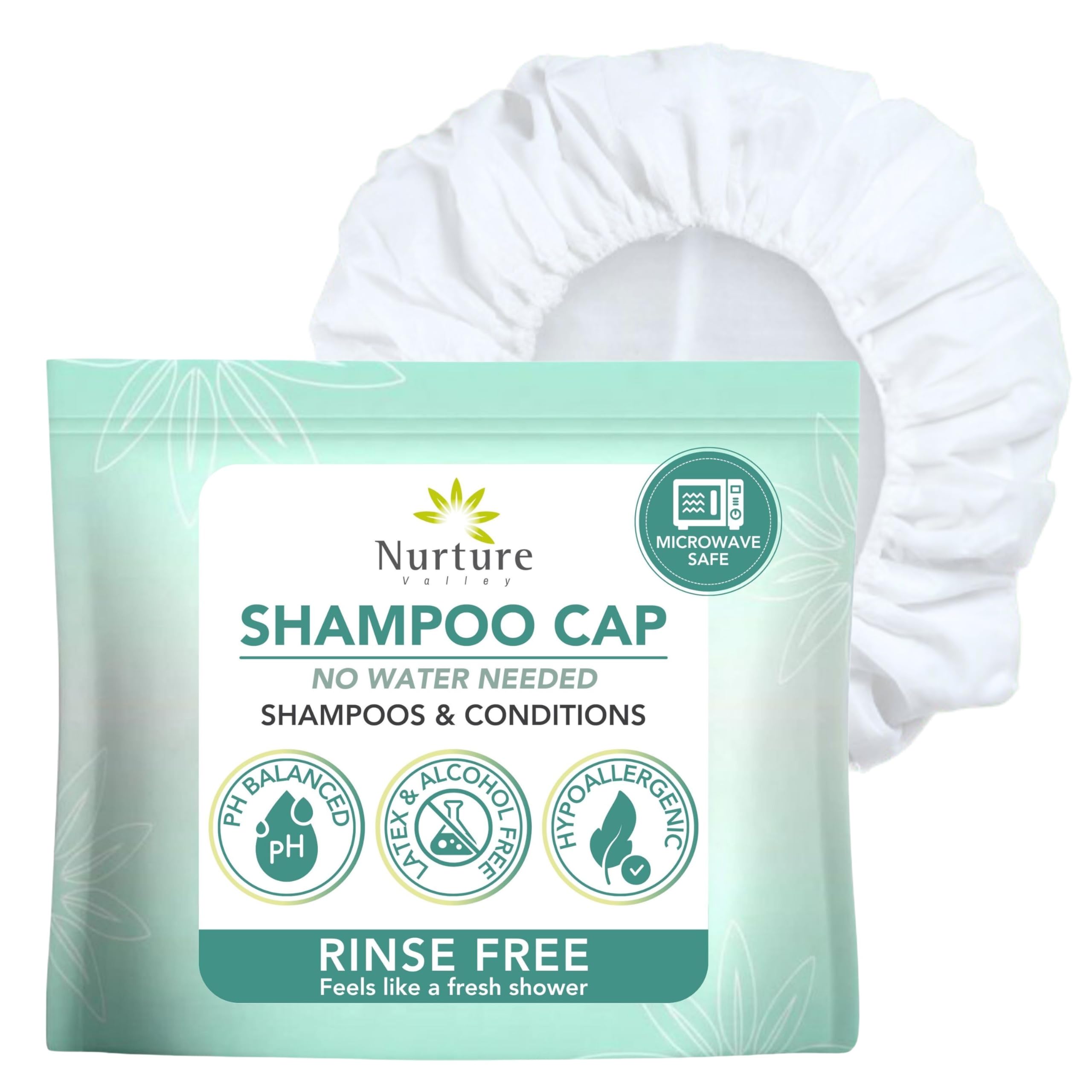 Nurture Valley gorro champú frontal muestra envase y uso rápido