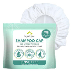 Nurture Valley gorro champú frontal muestra envase y uso rápido
