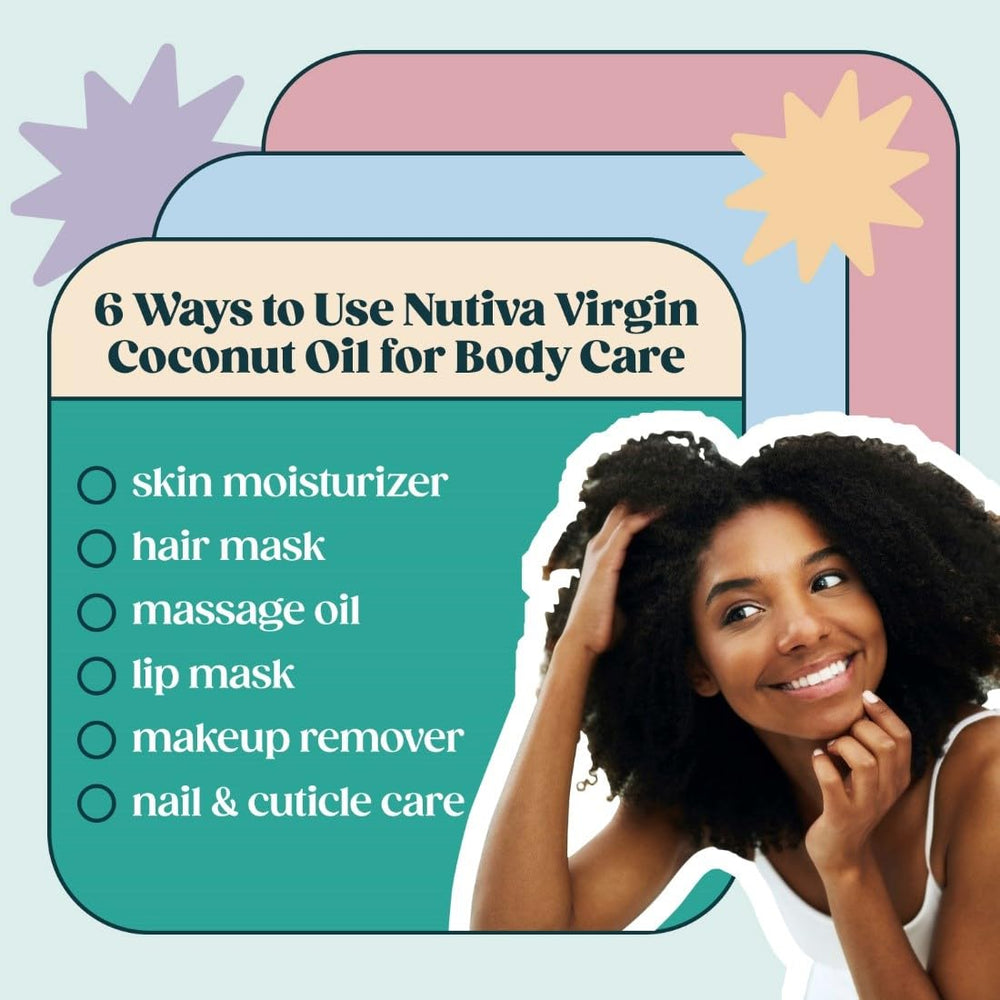 Applying Nutiva oil to hair ends, demonstrating deep-conditioning and moisturizing benefit
