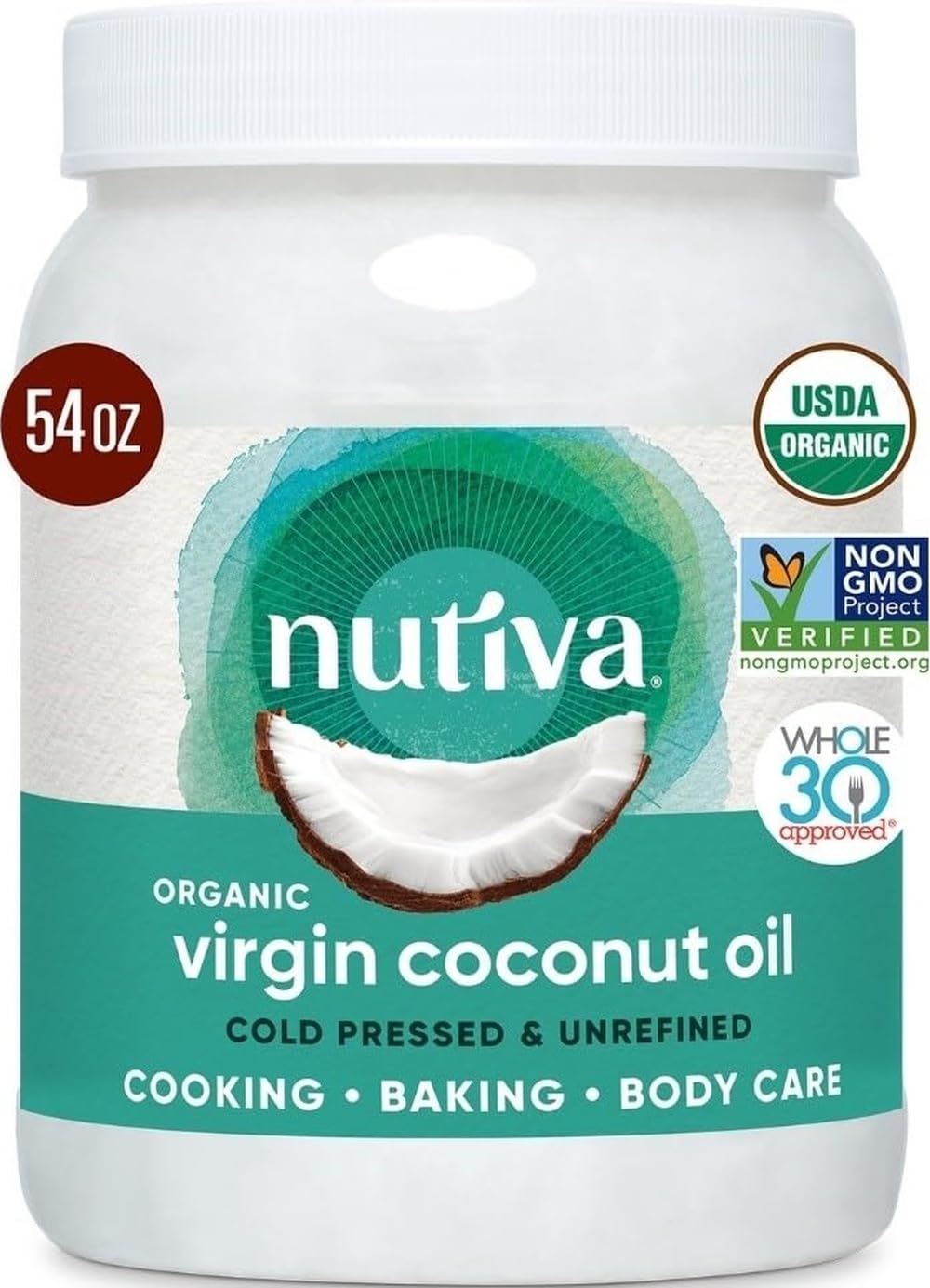 Nutiva jar front label showing product name and organic seal, highlights trustworthy sourcing