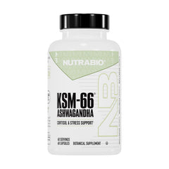 NutraBio botella frontal mostrando suplemento Ashwagandha KSM-66 y confianza