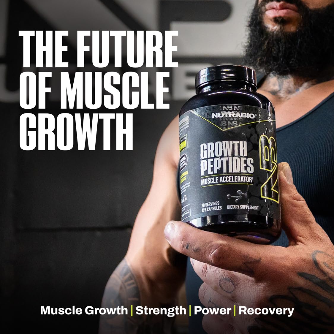 NutraBio Growth Peptides bottle top open with capsules showing convenience and access