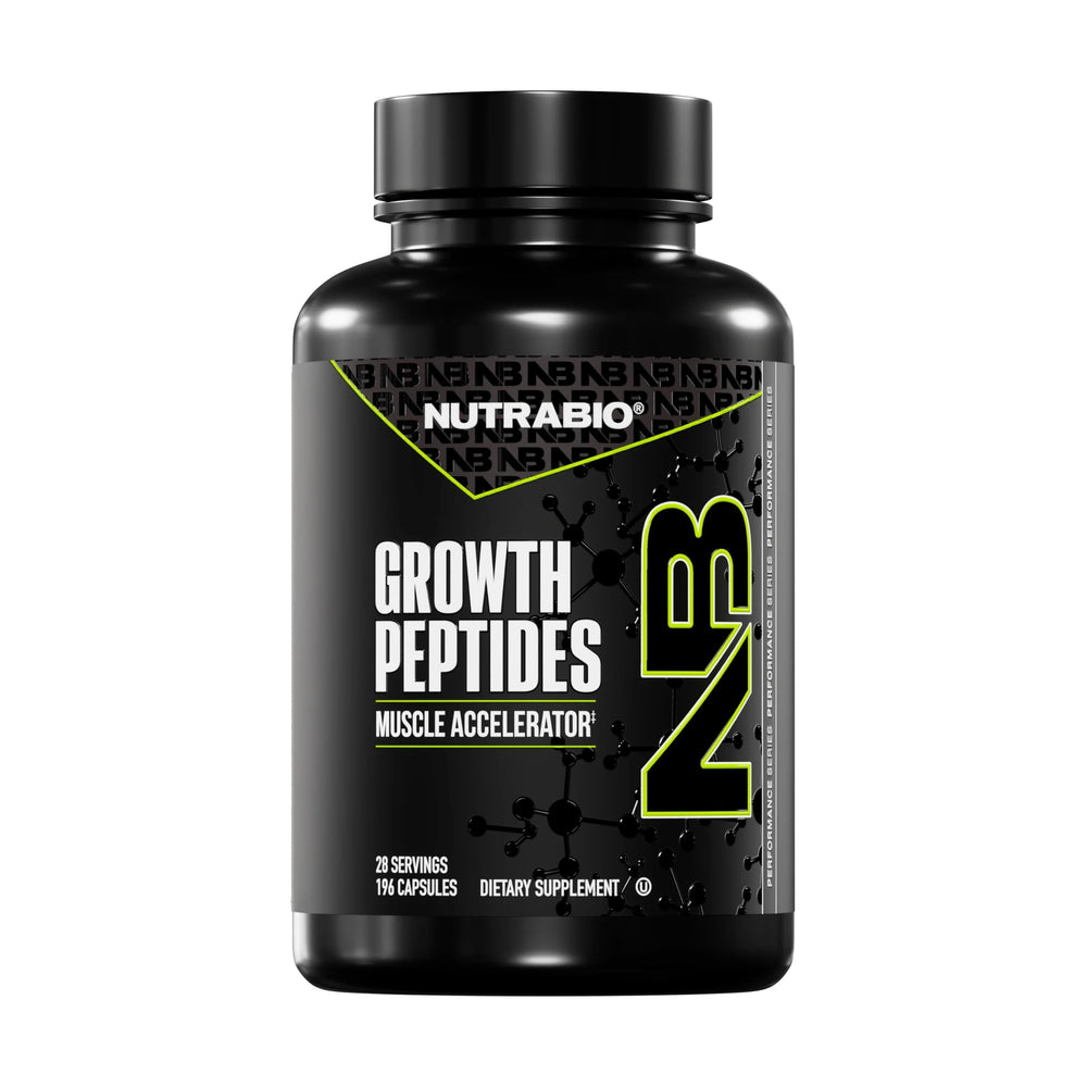 NutraBio Growth Peptides front bottle shot showing clear product branding and benefits