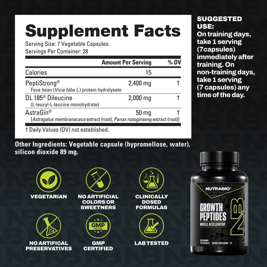 NutraBio Growth Peptides serving size beside supplement facts for dosing clarity