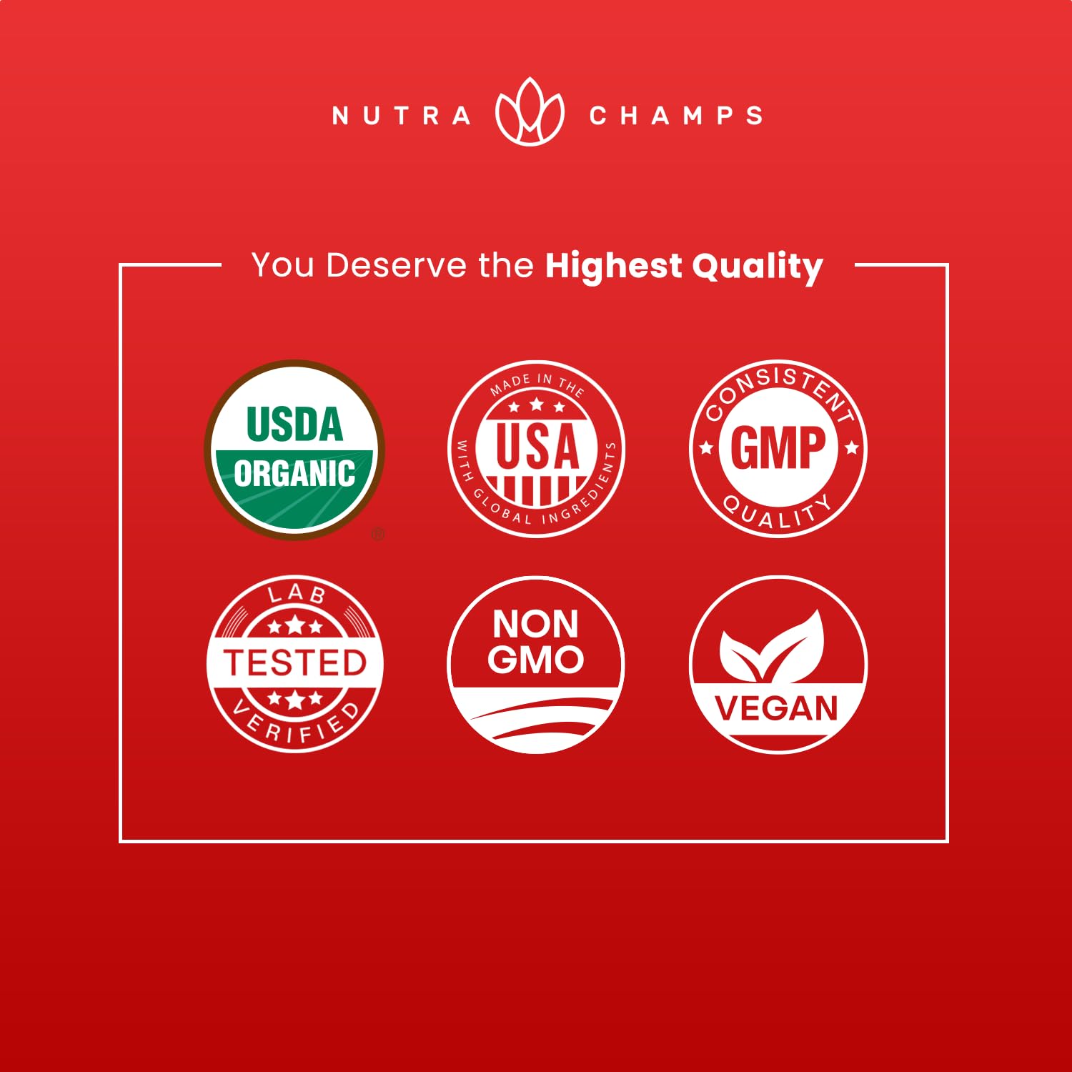 NutraChamps sello USDA Organic y certificaciones en primer plano