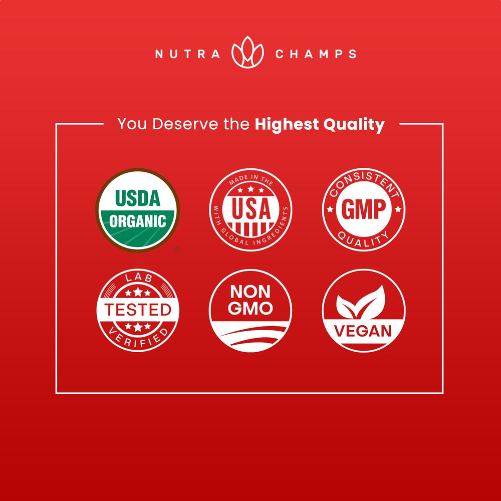 NutraChamps sello USDA Organic y certificaciones en primer plano