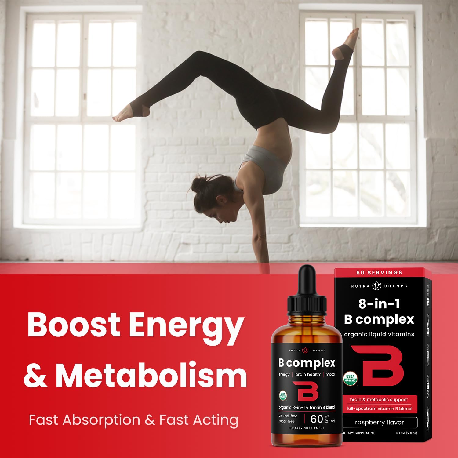 NutraChamps etiqueta con lista de vitaminas B y certificaciones