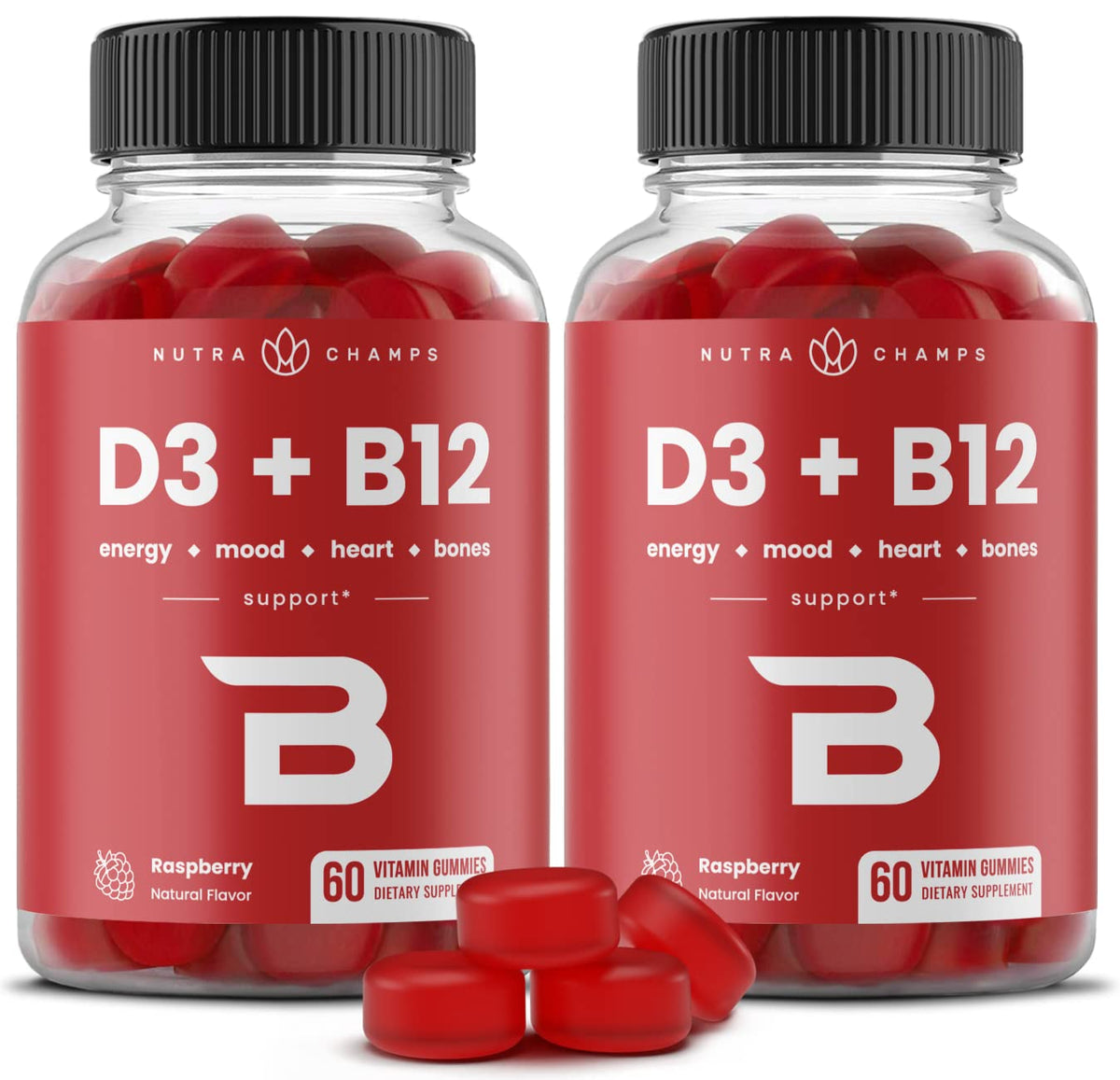 NutraChamps frontal del envase mostrando las gomitas y beneficios