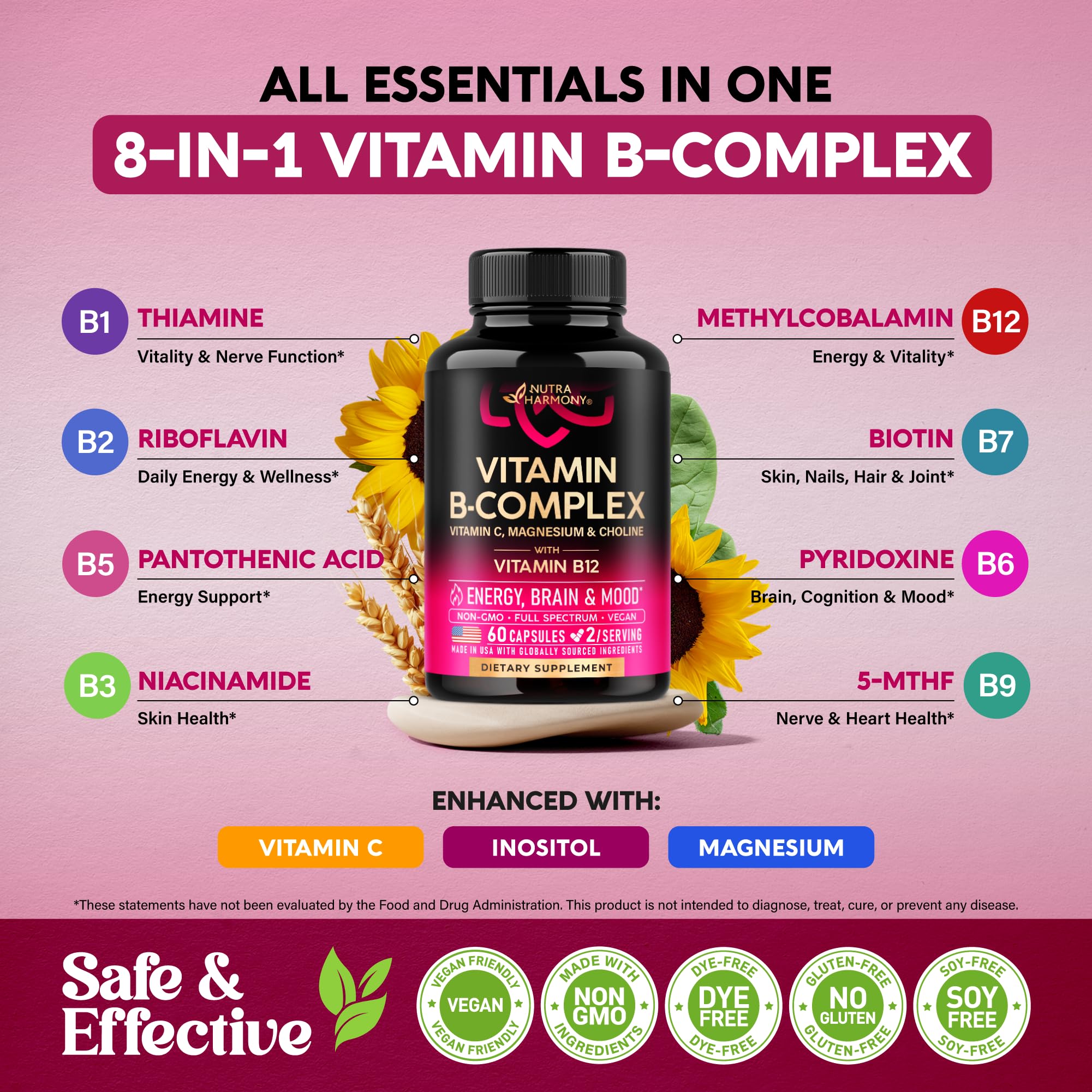 NUTRAHARMONY etiqueta destacando 5‑MTHF y metilcobalamina beneficios