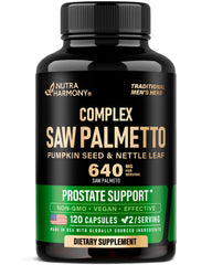NUTRAHARMONY frasco frontal con Saw Palmetto 640 mg y beneficios visibles