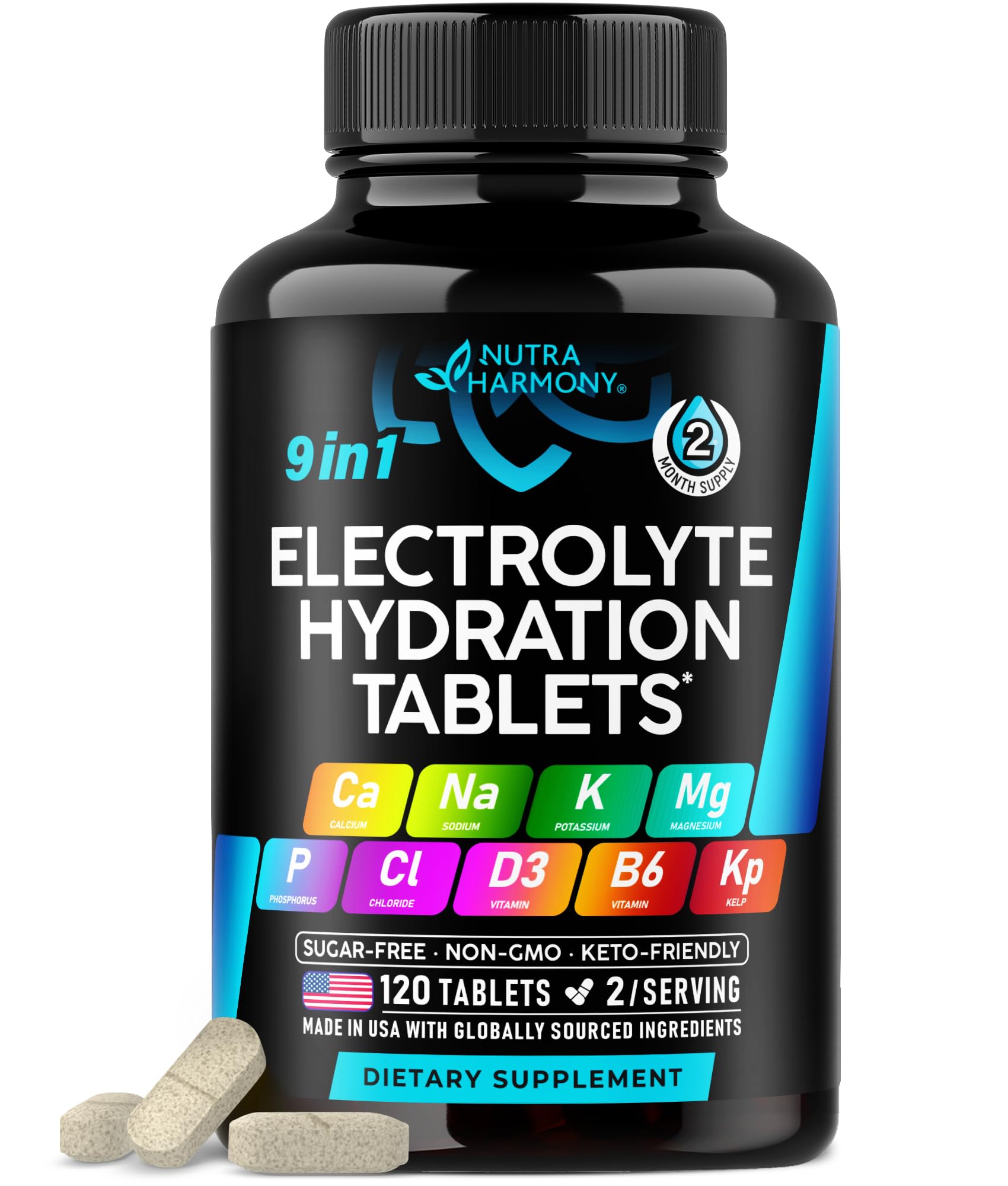 NUTRAHARMONY envase frontal mostrando 120 tabletas y beneficios de electrolitos