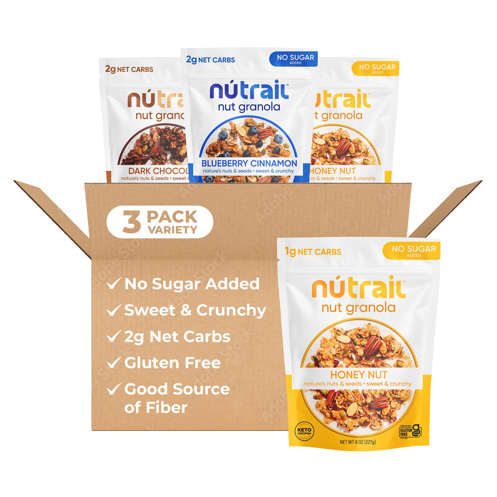 NuTrail frente del empaque mostrando variedad y conveniencia