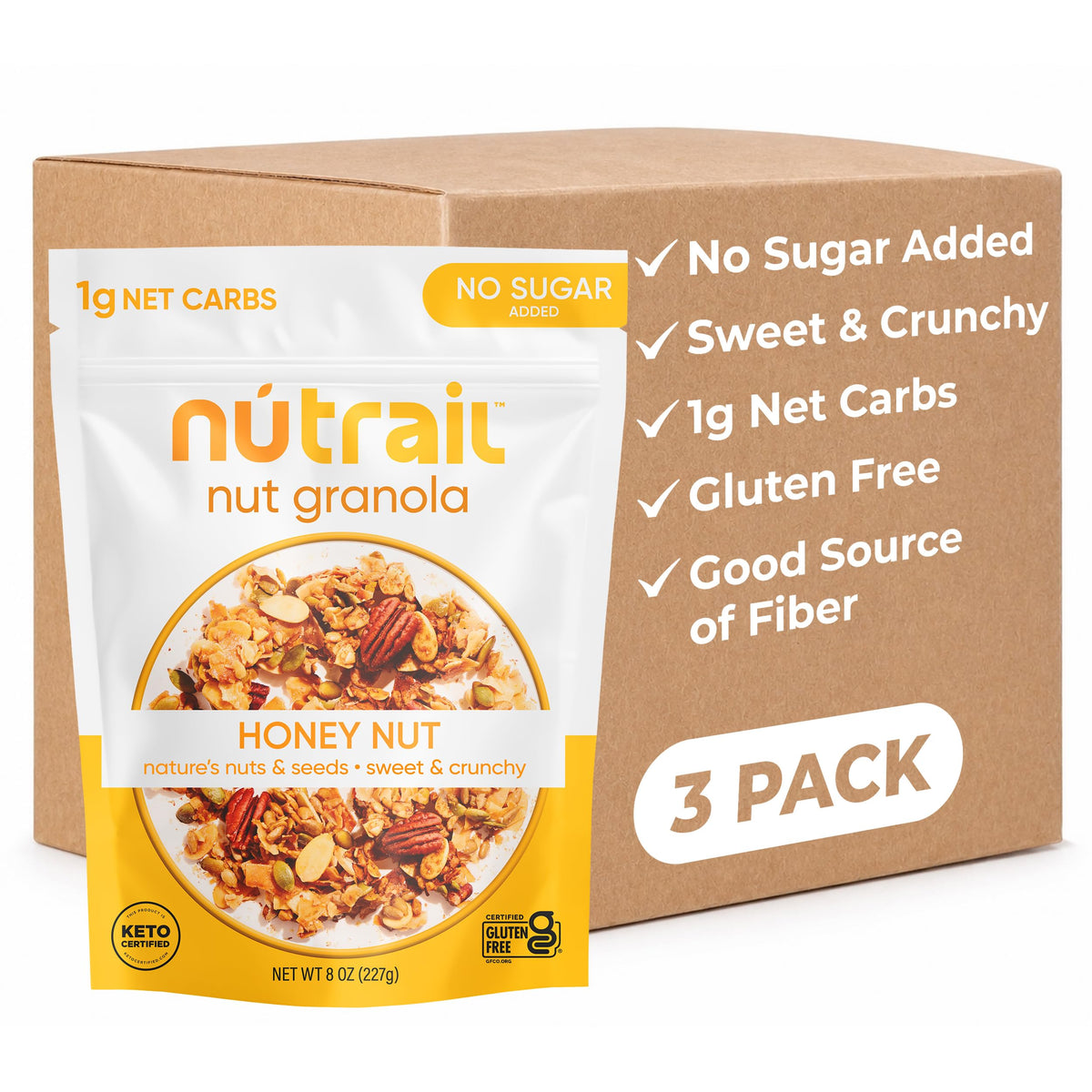 NuTrail empaque frontal Honey Nut mostrando el sellado y atractivo natural
