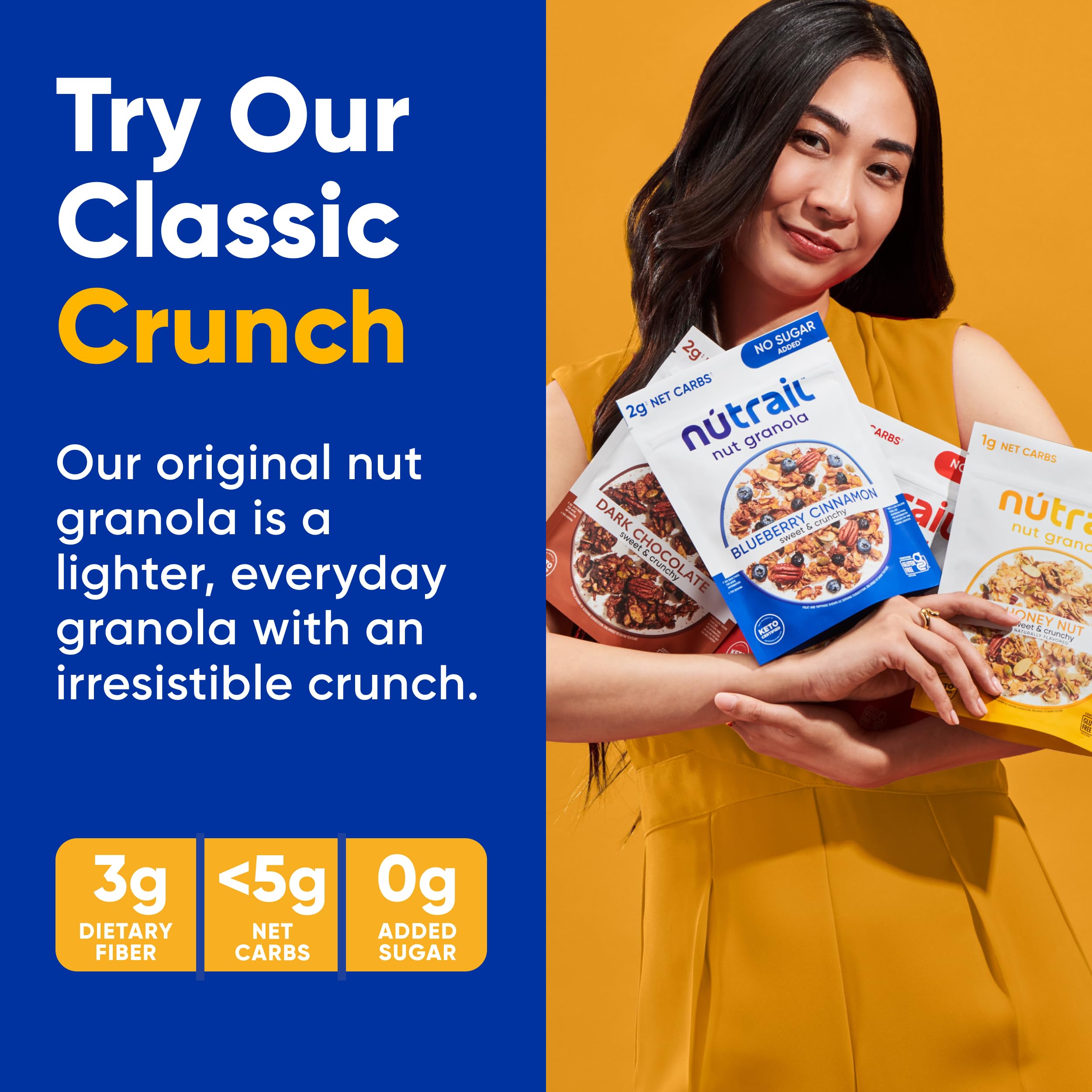 NuTrail granola como topping sobre yogur mostrando textura y aporte proteico