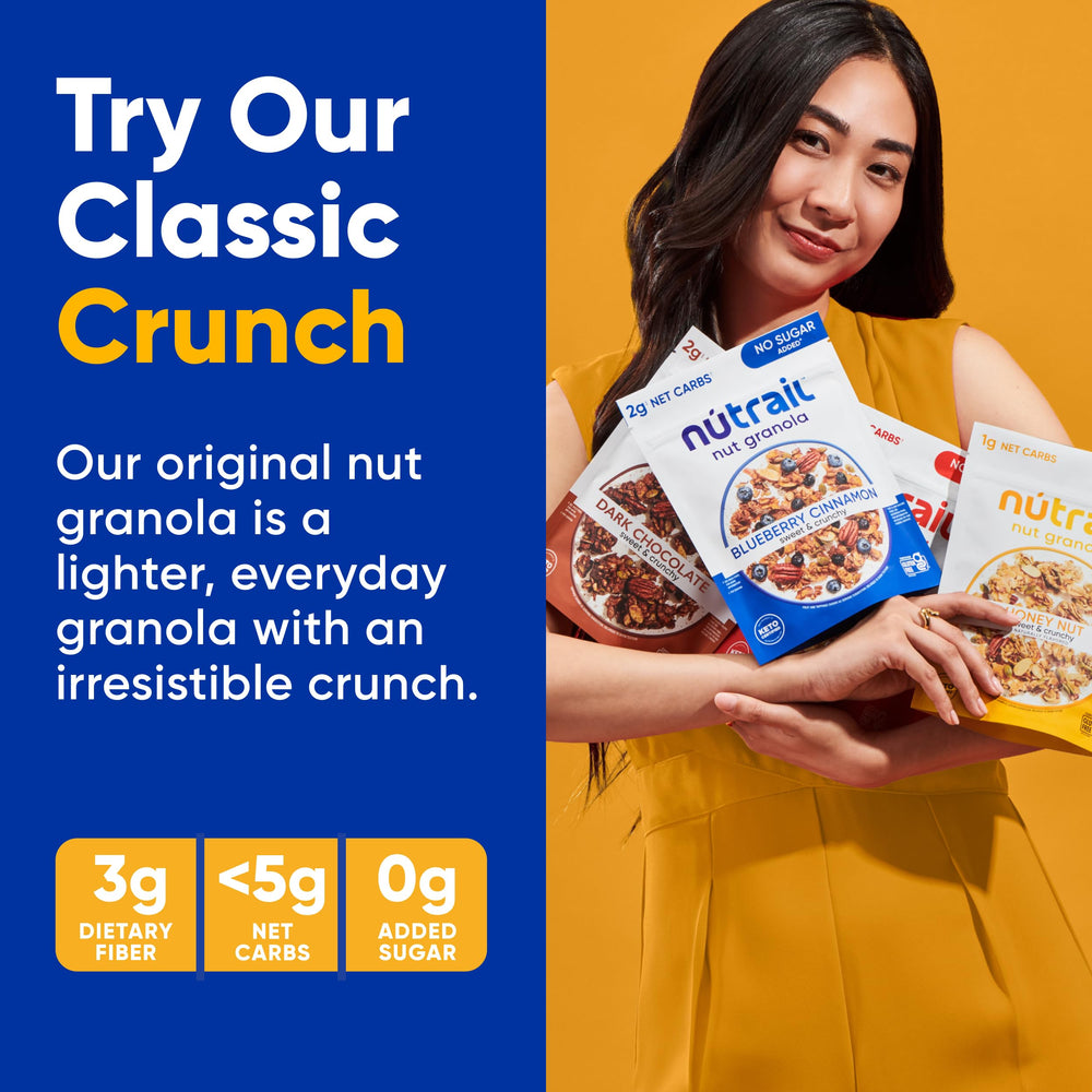 NuTrail granola como topping sobre yogur mostrando textura y aporte proteico