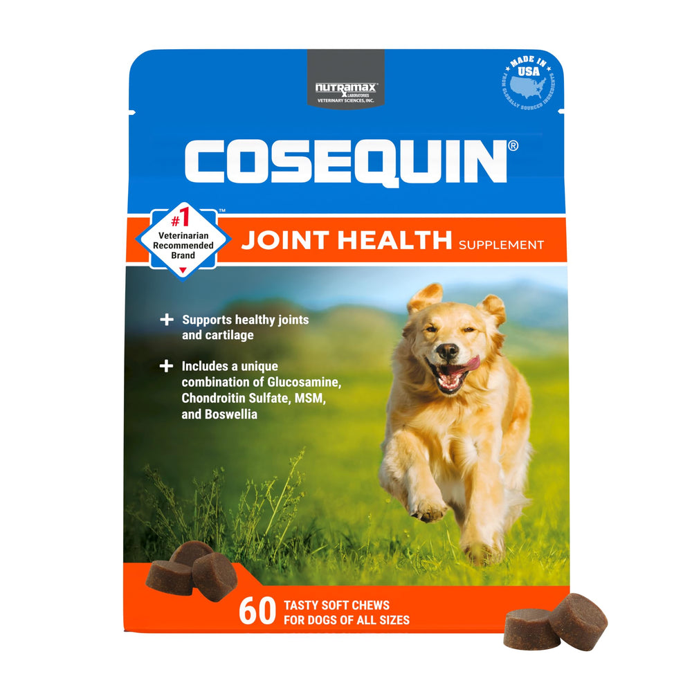 Nutramax Cosequin vista frontal del envase mostrando 60 masticables y beneficios