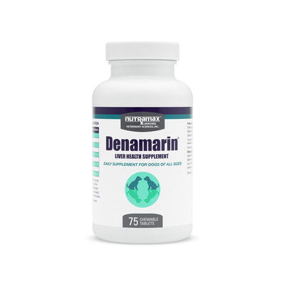 Nutramax Denamarin frente del empaque mostrando tabletas masticables y beneficio de soporte hepático