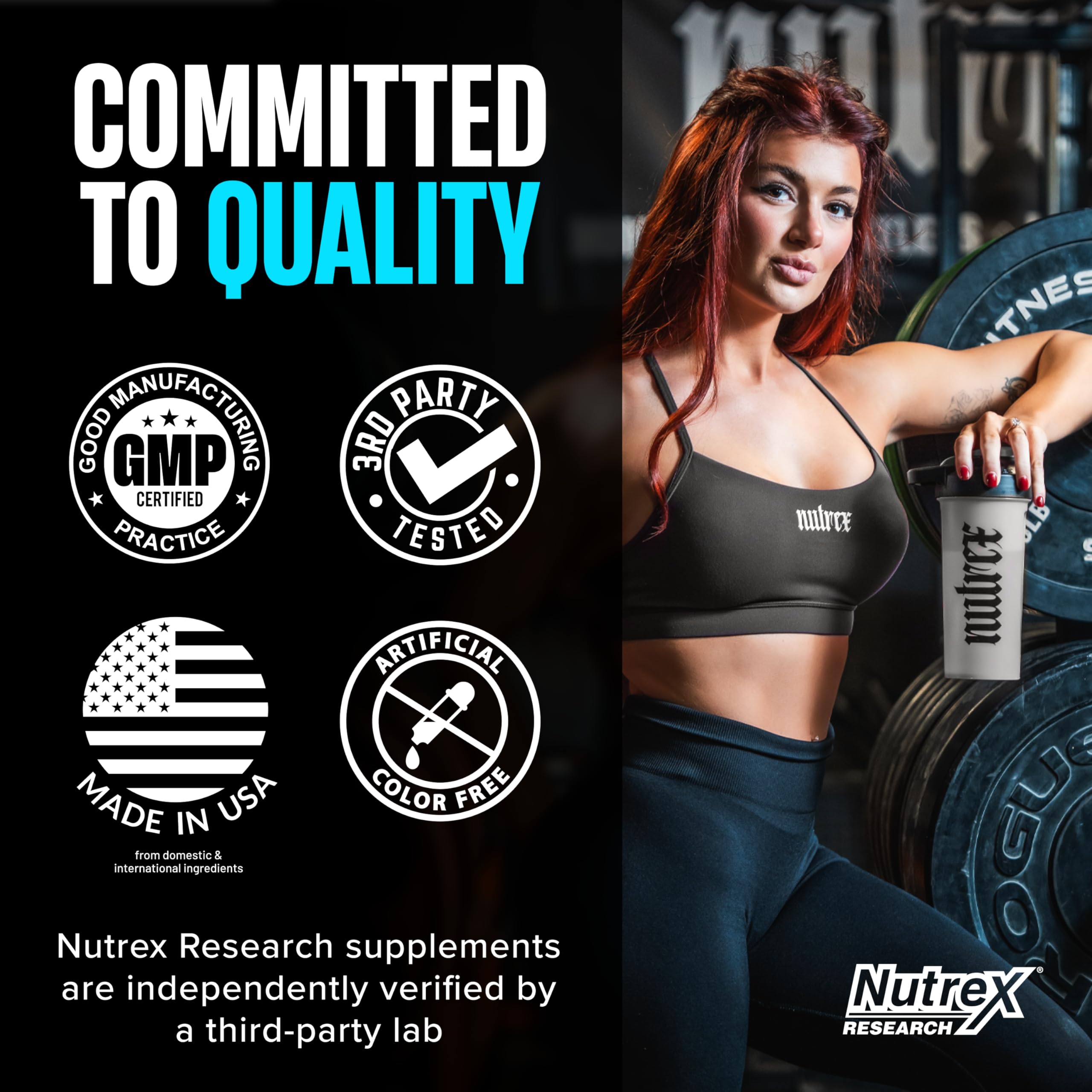 Nutrex Research uso en gimnasio, deportista tomando creatina para fuerza y potencia