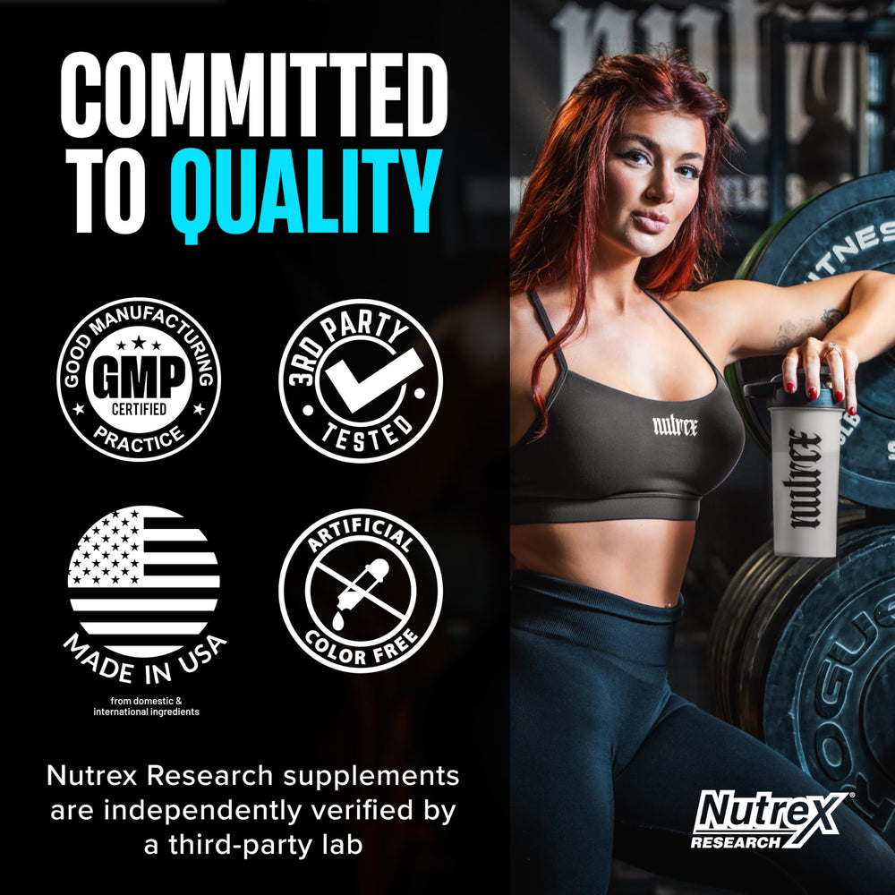 Nutrex Research uso en gimnasio, deportista tomando creatina para fuerza y potencia