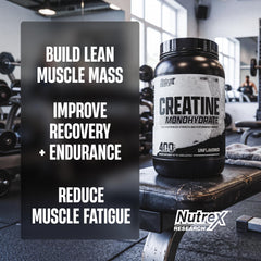 Nutrex Research polvo de creatina textura cercana, fácil mezcla y sin grumos