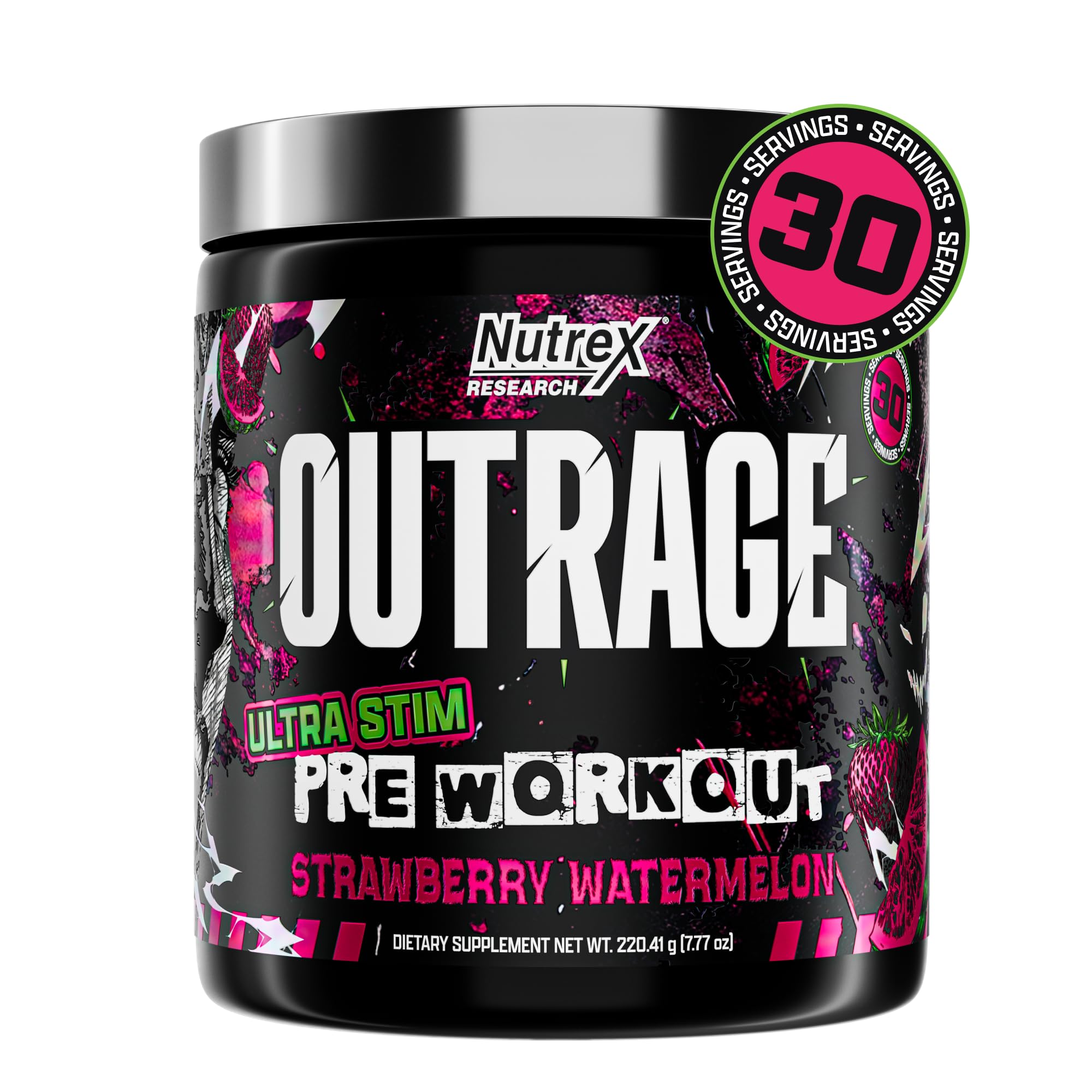 Nutrex Research Outrage frontal del envase mostrando la marca y sabor