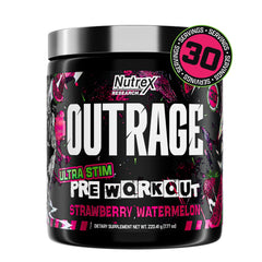 Nutrex Research Outrage frontal del envase mostrando la marca y sabor