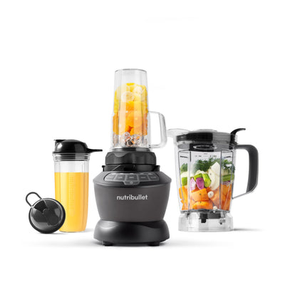 NutriBullet front view showing full-size blender combo with pitcher and cups for versatile use