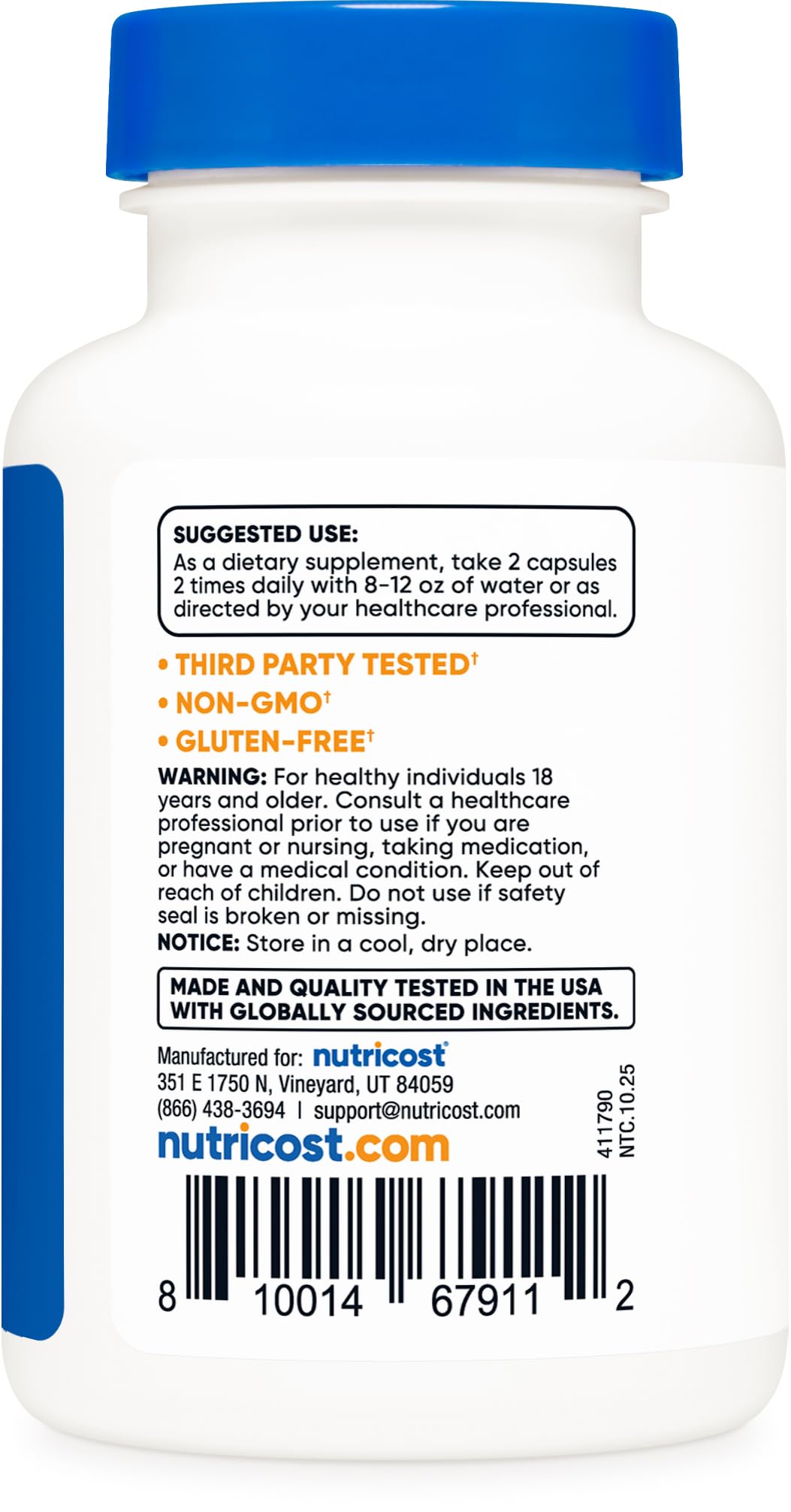 Nutricost etiqueta nutricional mostrando dosis y pureza certificada