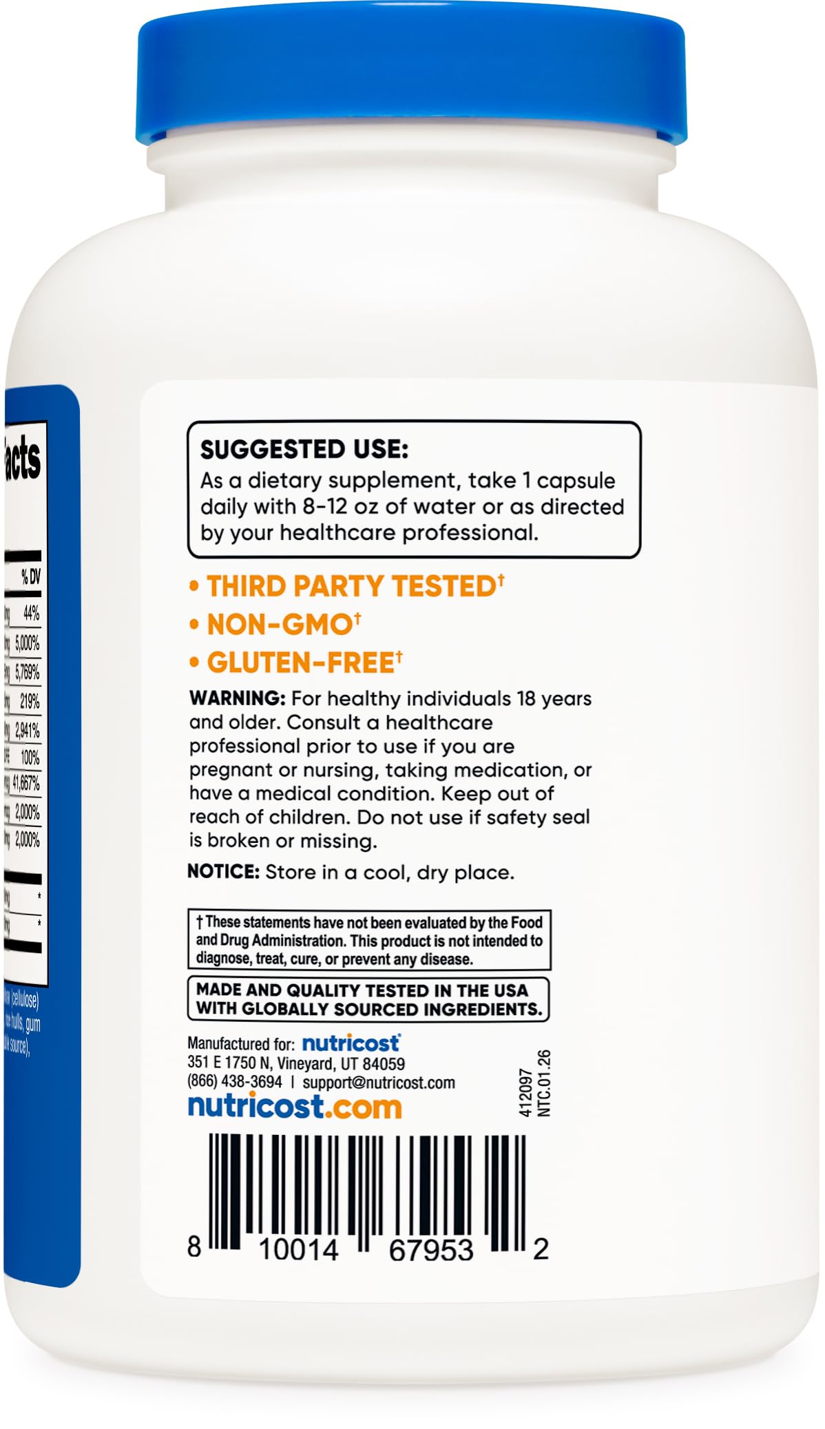 Nutricost supplement facts label closeup showing vitamin list and third‑party testing