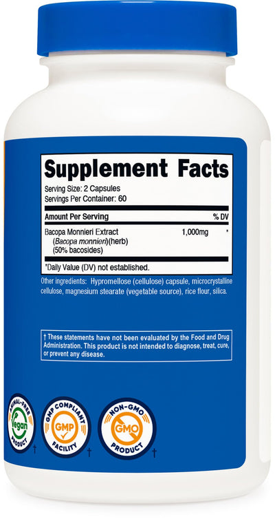 Etiqueta Nutricost Bacopa Monnieri con información de 1,000 mg y estandarización a 50% bacósidos