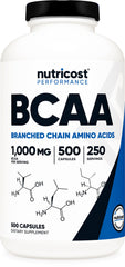 Nutricost envase frontal mostrando 500 cápsulas y beneficios de dosificación