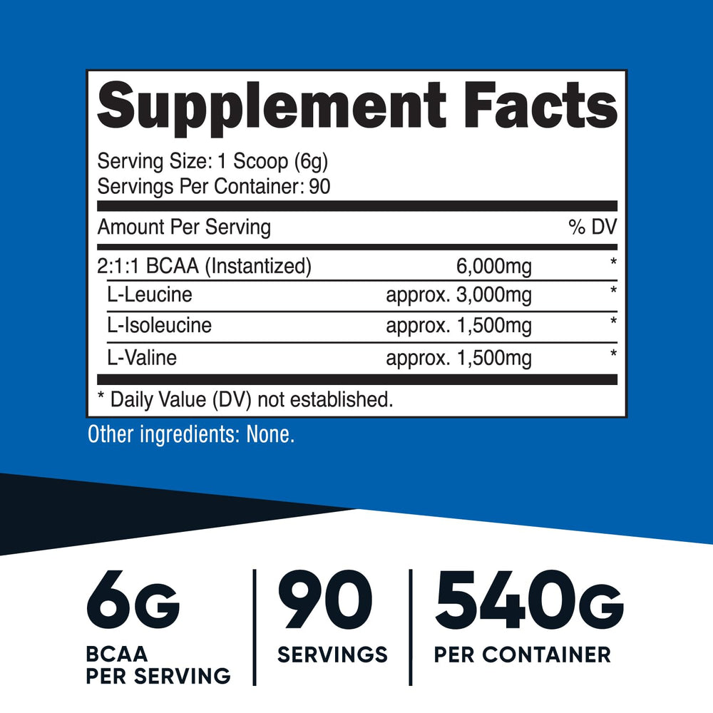 Cerca del polvo BCAA Nutricost mostrando textura fina y mezcla fácil