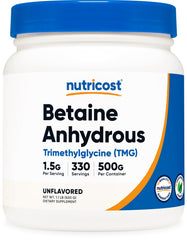 Nutricost bote frontal de Betaine Anhydrous 500 g mostrando envase y marca, facilita identificación