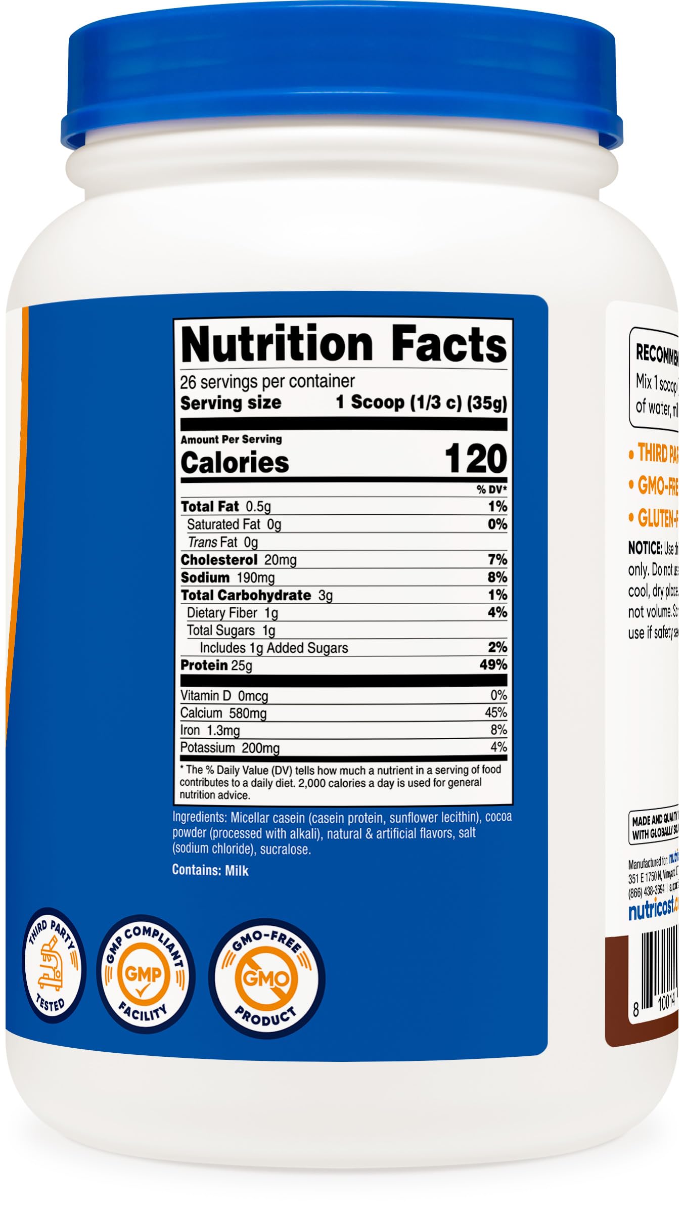Nutricost detalle de la etiqueta con información nutricional, destacando 24 g de proteína