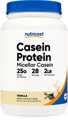 Nutricost envase frontal de casein vainilla mostrando etiqueta y tamaño