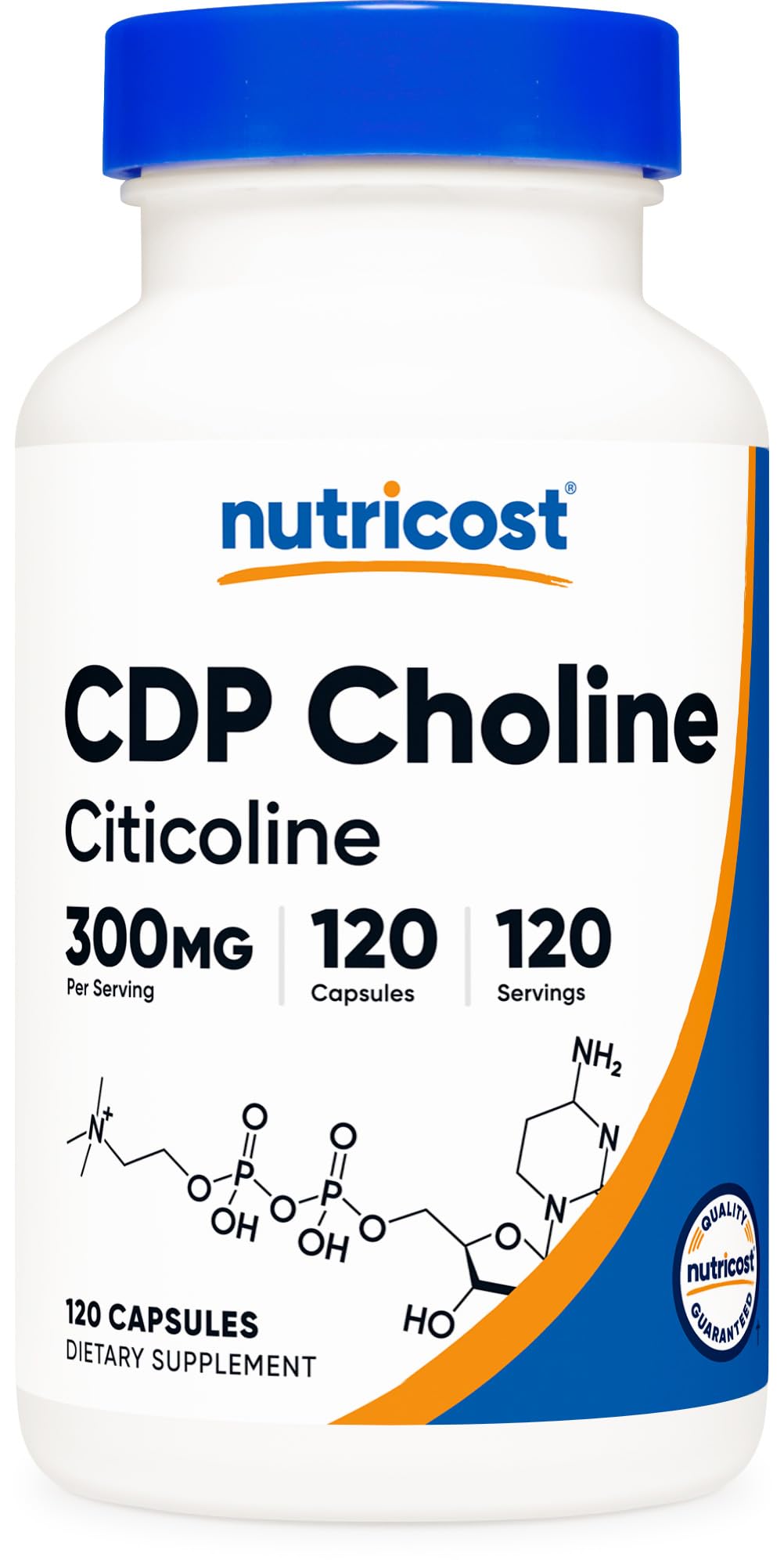Nutricost frasco frontal que muestra CDP Choline 300 mg y beneficio de dosificación clara