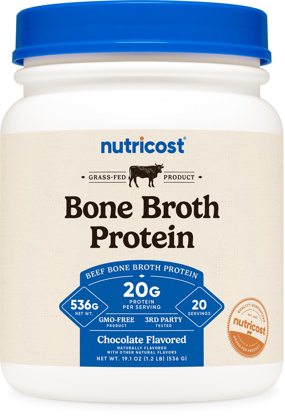 Nutricost bote frontal mostrando sabor chocolate y porciones