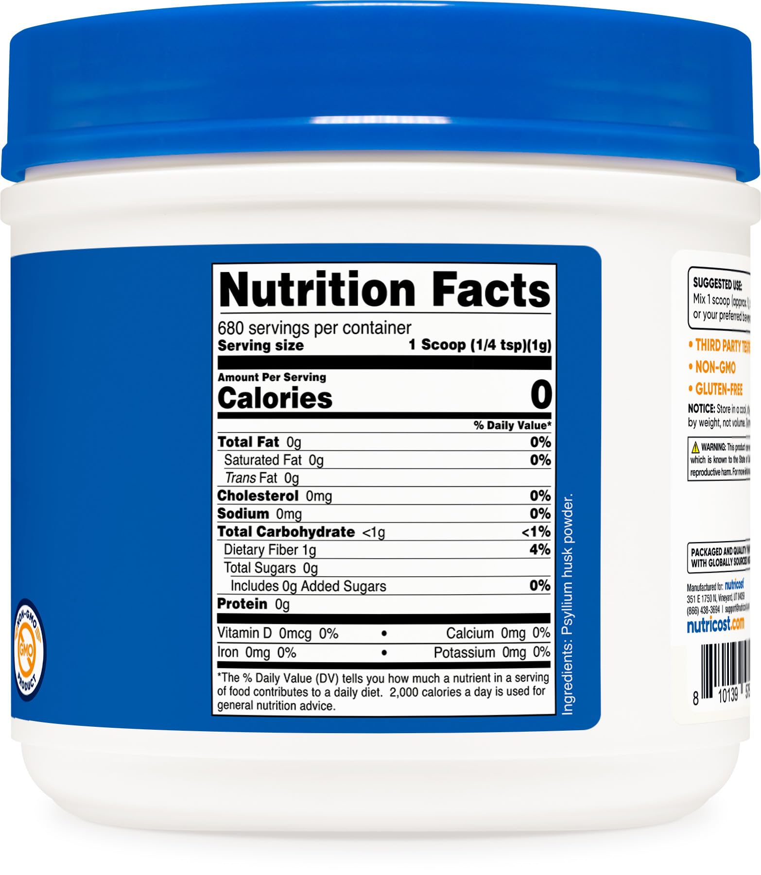Nutricost cuchara y envase para escala, empaque de 1.5 libras visible